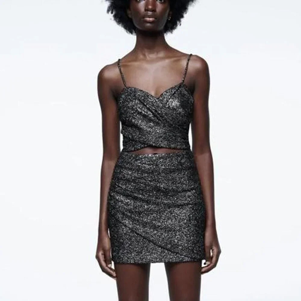 Zara Glitter Cut Out Spaghetti Strap Mini Dress Size Small